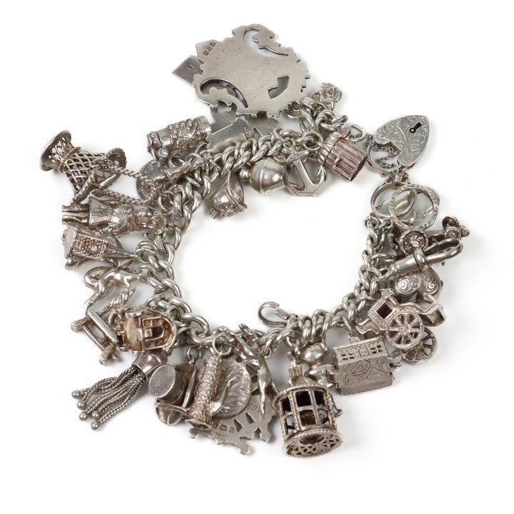 Silver Multi-Charm Bracelet with Heart Padlock, 18cm, 147.7g (VAT Only Payable on Buyers Premium)