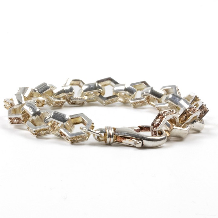 Silver Patterned Hexagonal Link with Orange Tint Bracelet, 21cm, 30.4g (VAT Only Payable on Buyers Premium)