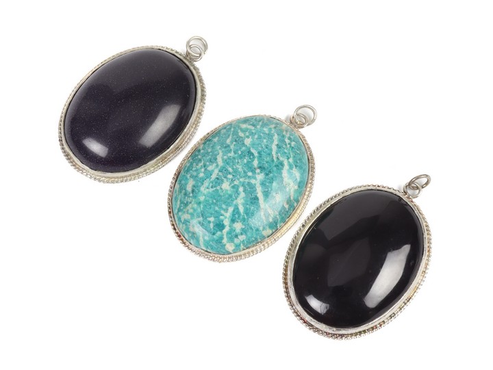 Silver Amazonite, Black Onyx and Blue Gold Stone Cabochon Oval-cut Pendants, 40x30mm, 63.5g