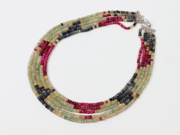 Silver Clasp Ruby, Sapphire and Emerald Five String Necklace, 4-5mm, 42-50cm, 82g (VAT Only Payable on Buyers Premium)