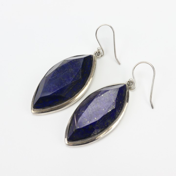 Silver Natural Lapis Lazuli Faceted Marquise Drop Earrings, 6x2cm, 26.8g (VAT Only Payable on Buyers Premium)