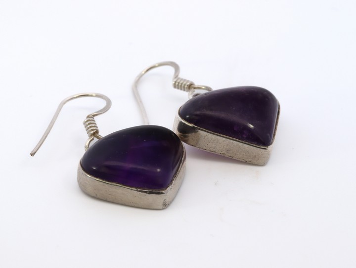 Silver Natural Amethyst Heart Drop Earrings, 3x1.8cm, 6.4g (VAT Only Payable on Buyers Premium)
