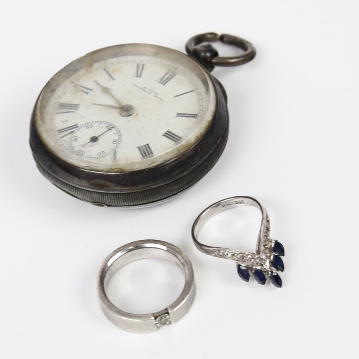 Silver A.W. Co. Waltham Mass Pocket Watch, 94.7g. Silver Blue and Clear Stones Wishbone Ring, Size K, 2.7g and Silver Single Clear Stone Band Ring, Size O½, 7g (VAT Only Payable on Buyers Premium)