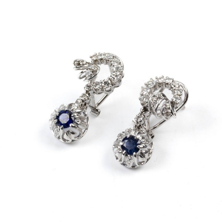 14K White 1.30ct Sapphire and 0.50ct Diamond Drop Earrings, 2.5cm, 9.4g.  Auction Guide: £700-£900 (VAT Only Payable on Buyers Premium)