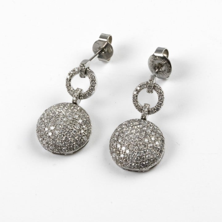18K White 1.14ct Diamond Pavé Circle and Round Drop Earrings, 2.3cm, 5.00g.  Auction Guide: £400-£500 (VAT Only Payable on Buyers Premium)