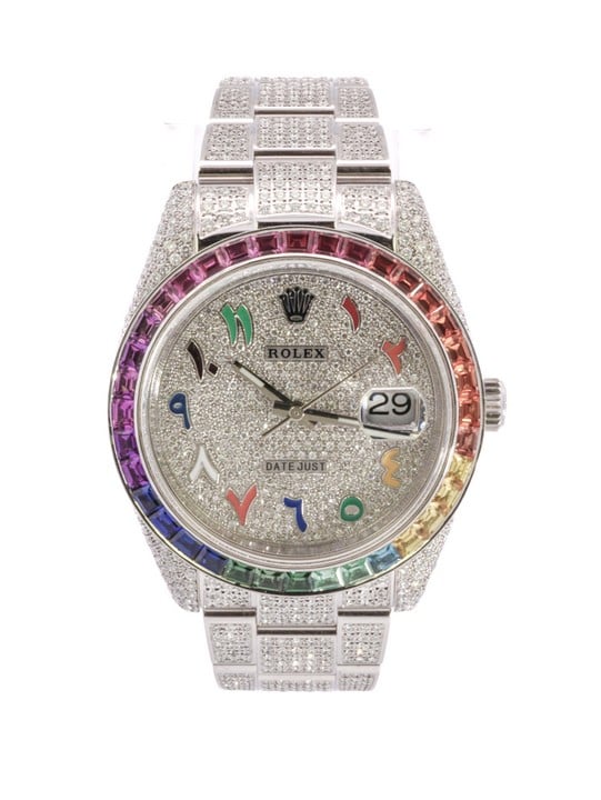 Rolex Datejust 41 Ref: 126300 Automatic Watch. 41mm Stainless Steel Aftermarket Diamond set Case with Stainless Steel Aftermarket Rainbow set Fixed Bezel, Aftermarket Diamond set Dial and Stainless S