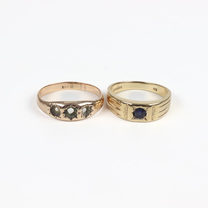 9K Rose Band Ring, Size S (Stones missing), 9ct Yellow Gold Blue Stone Ring, Size Q, total weight 6.3g.  Auction Guide: £150-£200 (VAT Only Payable on Buyers Premium)