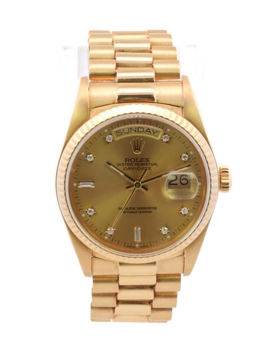 Rolex Day-Date 36 Ref:18038 Automatic Watch. 36mm 18ct Yellow Gold Case with 18ct Yellow Gold Fluted Bezel, Yellow Gold Diamond Dial and 18ct Yellow Gold President Bracelet. Age 1985. No box or paper