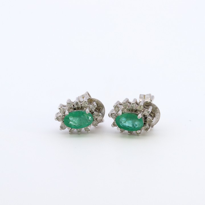 9K White Green Stone and Diamond Halo Stud Earrings, 0.8x0.6cm, 1.5g (VAT Only Payable on Buyers Premium)