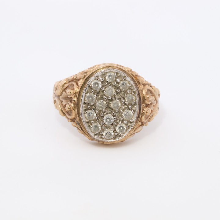 9ct Yellow Gold Clear Stone Cluster Signet Ring, Size V½, 7.6g.  Auction Guide: £150-£200 (VAT Only Payable on Buyers Premium)