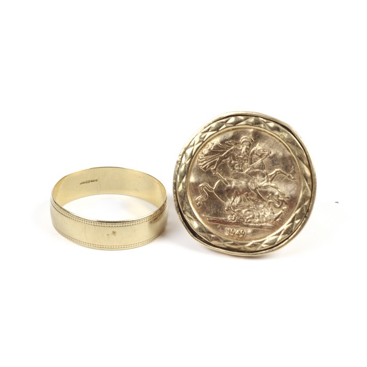 9ct Yellow Gold St George Ring (Damaged) and 9ct Yellow Gold Band Ring, both Size S, total weight 6.6g.  Auction Guide: £150-£200 (VAT Only Payable on Buyers Premium)