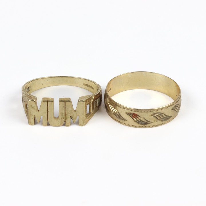 9ct Yellow Gold Patterned Band Ring and 9ct Yellow Gold Mum Ring, both Size W½, total weight 6.4g.  Auction Guide: £150-£200 (VAT Only Payable on Buyers Premium)