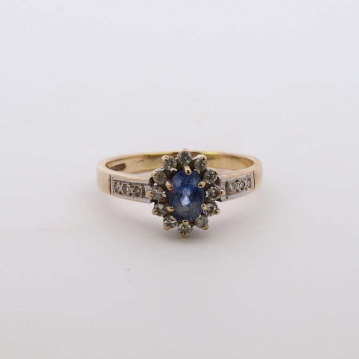 9ct Yellow Gold Blue Stone with Diamond Halo and Shoulders Ring, Size K, 2.5g (VAT Only Payable on Buyers Premium)