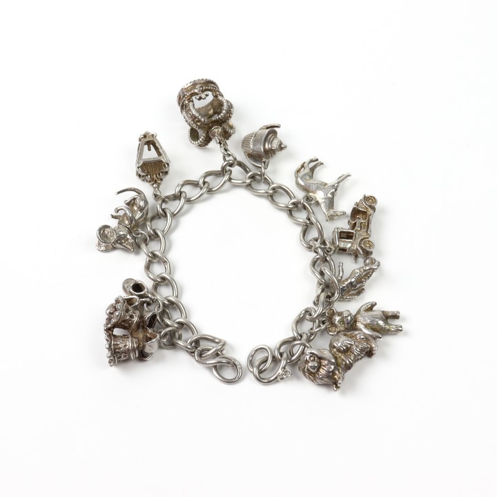 Silver Bracelet with Ten Charms, 17cm, 49.6g (No Clasp) (VAT Only Payable on Buyers Premium)