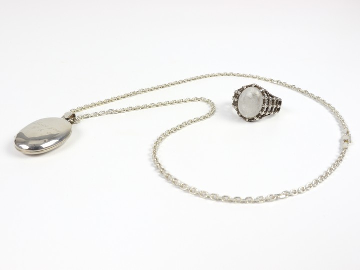 Silver Personalised Locket and Chain, 55cm. Silver Large Clear Stone Ring, Size X½, total weight 27.2g (VAT Only Payable on Buyers Premium)