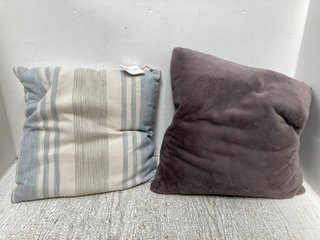 SIMPLY GREEN FLORIDA STRIPE CUSHION IN LIGHT BLUE TO ALSO INCLUDE FAUX FUR CUSHION IN TAUPE: LOCATION - C7