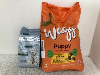 PACK OF ARDEN GRANGE 2KG SENSITIVE GRAIN FREE DOG BISCUITS - BBE 13/6/25 TO ALSO INCLUDE PACK OF WAGG PUPPY 12KG DOG BISCUITS - BBE 25/1/25: LOCATION - D1