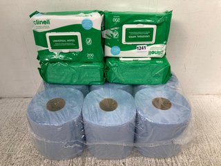 4 X PACKS OF CLINELL UNIVERSAL WIPES TO ALSO INCLUDE PACK OF 6 LARGE BLUE ROLLS: LOCATION - D4