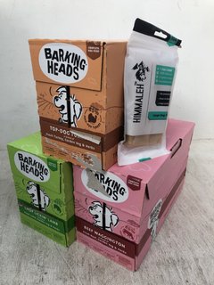 3 X BOXES OF ASSORTED BARKING HEADS DOG FOOD IN VARIOUS FLAVOURS - BBE 5/12/26 TO ALSO INCLUDE HIMMALEH LARGE DOG TREATS - BBE 28/2/25: LOCATION - D7