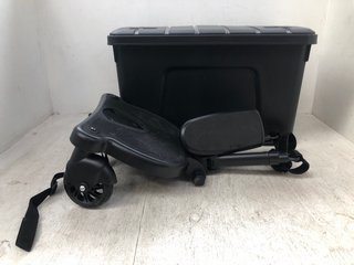 CHILDRENS PUSHCHAIR ATTACHMENT RIDE ON TO ALSO INCLUDE BLACK PLASTIC STORAGE BOX WITH LID: LOCATION - D15