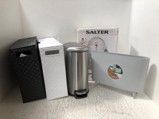QTY OF ASSORTED HOUSEHOLD ITEMS TO INCLUDE SALTER ACADEMY PROFESSIONAL PERSONAL SCALES & SILVER PEDAL BIN: LOCATION - A15