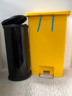 BIG YELLOW OUTDOOR PEDAL BIN TO INCLUDE ROUND BLACK HOUSEHOLD BIN: LOCATION - A15