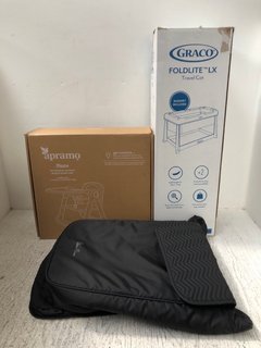 3 X ASSORTED BABY ITEMS TO INCLUDE GRACO FOLDLITE LX TRAVEL COT TO INCLUDE SILVER CROSS FOOTMUFF IN SPACE GREY: LOCATION - A15