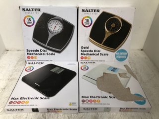4 X ASSORTED SALTER SCALES TO INCLUDE MAX ELECTRIC SCALE & GOLD SPEEDO DIAL MECHANICAL SCALES: LOCATION - A10