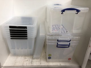 QTY OF ASSORTED CLEAR PLASTIC STORAGE TUBS WITH LIDS: LOCATION - A8