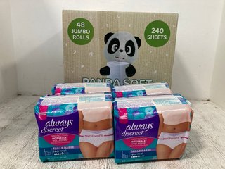 BOX OF PANDA SOFT BAMBOO TOILET TISSUES TO INCLUDE 4 X PACKS OF ALWAYS DISCREET LOW RISE PANTS IN SIZE L: LOCATION - A5