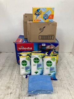 QTY OF ASSORTED CLEANING ITEMS TO INCLUDE VILEDA TURBO 2 IN 1 MICROFIBRE MOP & DETTOL CLEANSING SURFACE WIPES: LOCATION - A5