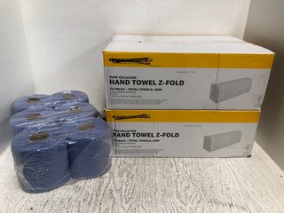 2 X BOXES OF PURE CELLULOSE Z-FOLD HAND TOWELS TO INCLUDE PACK OF 6 PURELY SIMPLE CENTREFEED BLUE ROLLS: LOCATION - A2