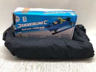SILVERLINE HYDRAULIC TROLLEY JACK TO INCLUDE LARGE CAR COVER IN BLACK: LOCATION - B6