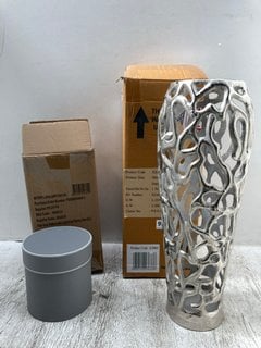 OHLSON SILVER PERFORATED CORAL INSPIRED VASE TO ALSO INCLUDE PALE GREY HAT BOX WITH LIGHTS: LOCATION - C9