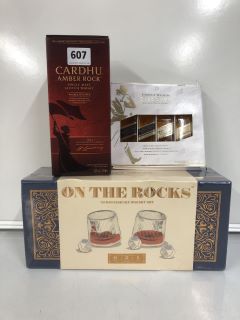 CARDHU SINGLE MALT SCOTCH WHISKY TO INCLUDE JOHNNIE WALKER MINIATURES AND ON THE ROCKS CONNOISSEURS WHISKY SET (PLEASE NOTE: 18+YEARS ONLY. STRICTLY NO COURIER REQUESTS. COLLECT