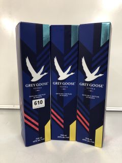 3 X BOTTLES OF GREY GOOSE VODKA 700ML ABV 40% (PLEASE NOTE: 18+YEARS ONLY. STRICTLY NO COURIER REQUESTS. COLLECTIONS MONDAY 25TH - FRIDAY 29TH MARCH 2024 ONLY)