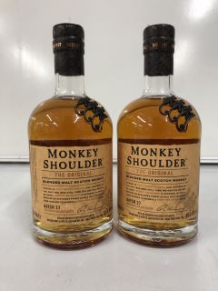 2 X MONKEY SHOULDER BLENDED SCOTCH WHISKY 70CL ABV 40% (PLEASE NOTE: 18+YEARS ONLY. STRICTLY NO COURIER REQUESTS. COLLECTIONS MONDAY 22ND - FRIDAY 26TH APRIL 2024 ONLY)
