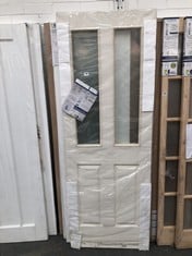 3 X ASSORTED DOORS TO INCLUDE VICTORIAN INTERIOR WHITE MOULDED DOOR WITH CLEAR GLASS APPROX 2040 X 726MM (COLLECTION OR OPTIONAL DELIVERY) (KERBSIDE PALLET DELIVERY)