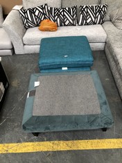 SQUARE FOOTSTOOL IN BLUE FABRIC TO INCLUDE SQUARE FOOTSTOOL IN DARK BLUE VELVET (MISSING CUSHION) (COLLECTION OR OPTIONAL DELIVERY)