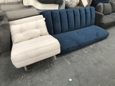 3 SEATER SOFA IN DARK BLUE VELVET (NO LEGS) TO INCLUDE NATURAL BEIGE FABRIC ARMCHAIR (MISSING 1 LEG) (COLLECTION OR OPTIONAL DELIVERY) (KERBSIDE PALLET DELIVERY)