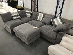 AVOS LEFT HAND FACING CORNER SOFA IN LIGHT GREY FABRIC TO INCLUDE LARGE POUFFE - TOTAL LOT RRP £2223 (COLLECTION OR OPTIONAL DELIVERY)
