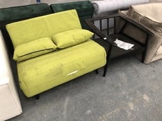 BLACK WOODEN ARMCHAIR FRAME (NO CUSHION) TO INCLUDE 2 SEATER SOFA IN LIME GREEN FABRIC (MISSING 1 LEG) (COLLECTION OR OPTIONAL DELIVERY)