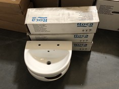 3 X ROCA AIRE FULL PEDESTAL - MODEL NO. 3370F0000 TO INCLUDE 2 X TWYFORD 500 X 410MM BASIN - MODEL NO. E14122WH (ONE BASIN IS SMASHED) (COLLECTION OR OPTIONAL DELIVERY)
