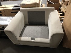 LIGHT BEIGE FABRIC ARMCHAIR (MISSING CUSHIONS) (COLLECTION OR OPTIONAL DELIVERY)