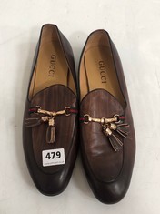 GUCCI BROWN LEATHER SLIP ON SHOES - SIZE 10.5 (DELIVERY ONLY)