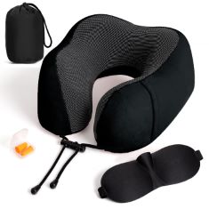 11 X TRAVEL PILLOW 100% PURE MEMORY FOAM NECK PILLOW, BREATHABLE & MACHINE WASHABLE COVER, PILLOW WITH 3D CONTOURED EYE MASK, EARPLUGS & PORTABLE BAG FOR AIRPLANE TRAVEL (BLACK), 11" X 11" X 4.8". (D