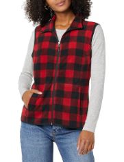 QTY OF ITEMS TO INLCUDE BOX OF ASSORTED CLOTHING TO INCLUDE ESSENTIALS WOMEN'S CLASSIC-FIT SLEEVELESS POLAR SOFT FLEECE VEST (AVAILABLE IN PLUS SIZE), BLACK RED BUFFALO PLAID, XL, ESSENTIALS WOMEN'S