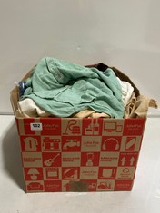 BOX OF ASSORTED ADULT CLOTHING TO INCLUDE COTTON TRADERS SS SHIRT MINT GREEN SIZE M (DELIVERY ONLY)
