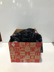 BOX OF ASSORTED ADULT CLOTHING TO INCLUDE BE YOU LS SEQUIN DRESS BLACK SIZE 14 (DELIVERY ONLY)