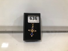A YELLOW METAL CHAIN AND BLUE ENAMELLED CRUCIFIX SET WITH PEARLS, BOXED (DELIVERY ONLY)